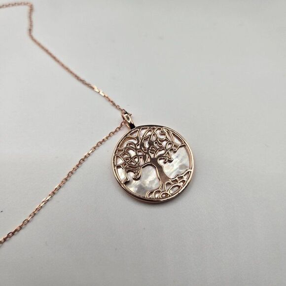 Tree Of Life Rose Gold Necklace Mother Of Pearl Pendant 18" Chain Sterling 925 G - Picture 4 of 5